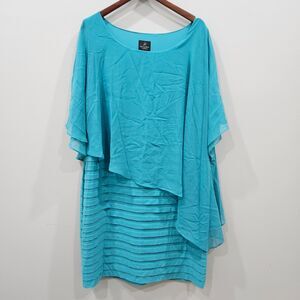 Adrianna Papell Womens Chiffon Drape Overlay Banding Dress 18W Blue Weddng Guest